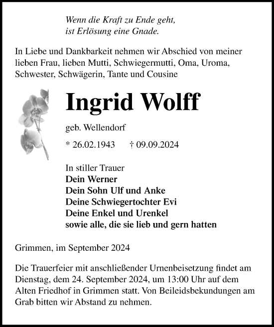 Traueranzeige von Ingrid Wolff von Ostsee-Zeitung GmbH