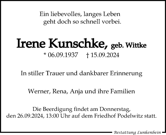 Traueranzeige von Irene Kunschke von Leipziger Volkszeitung