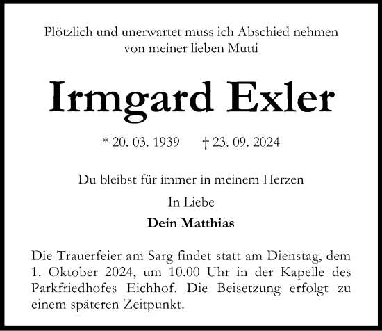 Traueranzeige von Irmgard Exler von Kieler Nachrichten