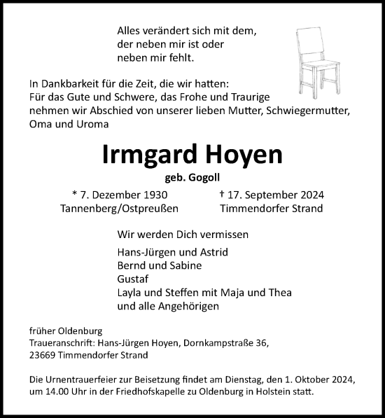 Traueranzeige von Irmgard Hoyen von Lübecker Nachrichten