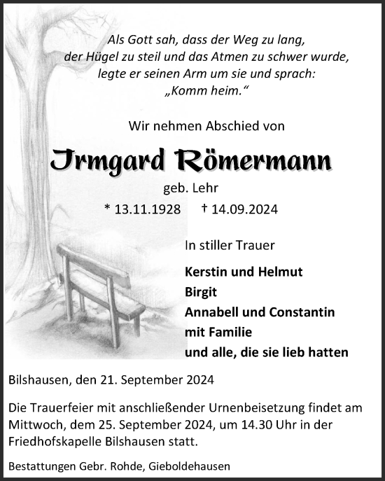 Traueranzeige von Irmgard Römermann von Eichsfelder Tageblatt