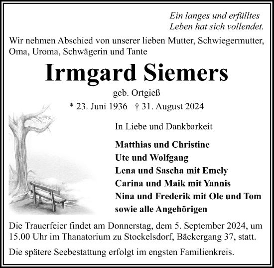 Traueranzeige von Irmgard Siemers von Lübecker Nachrichten