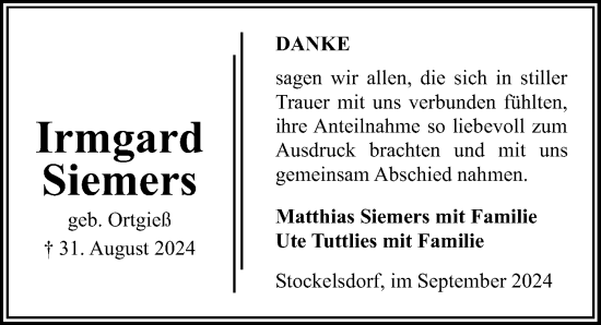 Traueranzeige von Irmgard Siemers von Lübecker Nachrichten