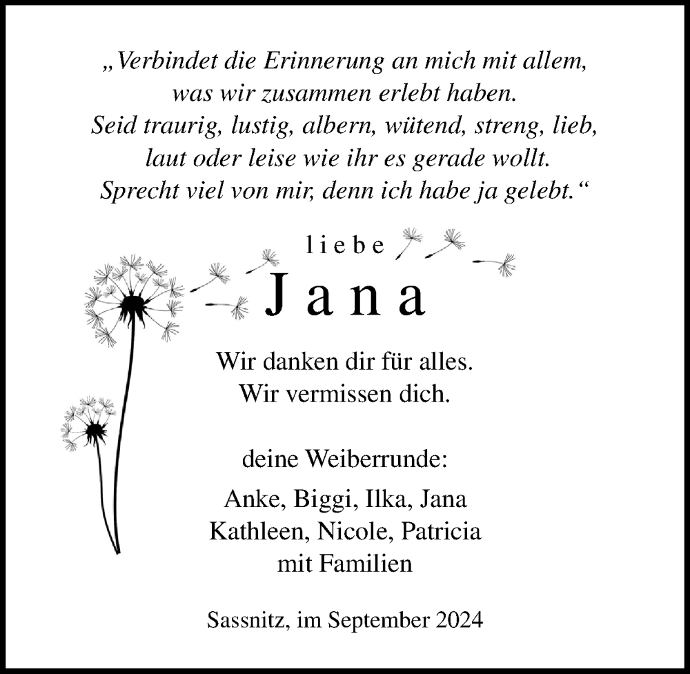  Traueranzeige für Jana  vom 07.09.2024 aus Ostsee-Zeitung GmbH