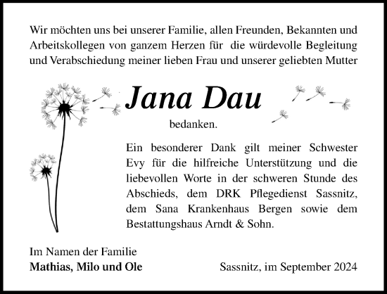 Traueranzeige von Jana Dau von Ostsee-Zeitung GmbH