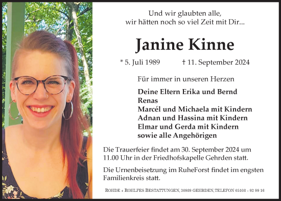 Traueranzeige von Janine Kinne von Hannoversche Allgemeine Zeitung/Neue Presse