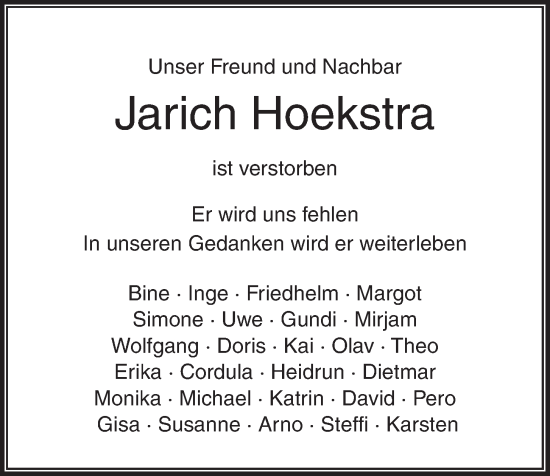 Traueranzeige von Jarich Hoekstra von Kieler Nachrichten