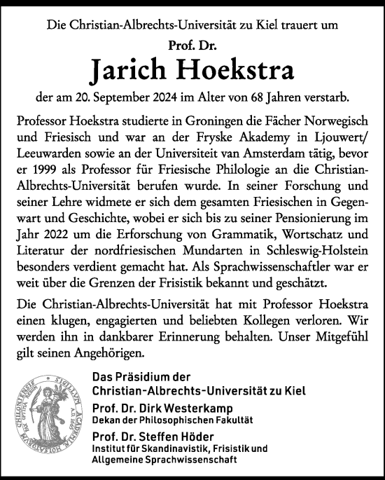 Traueranzeige von Jarich Hoekstra von Kieler Nachrichten