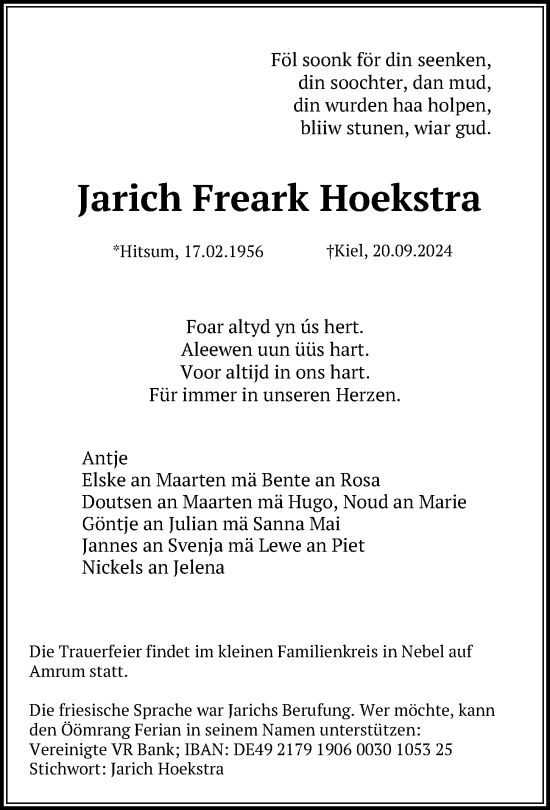 Traueranzeige von Jarich Freark Hoekstra von Kieler Nachrichten