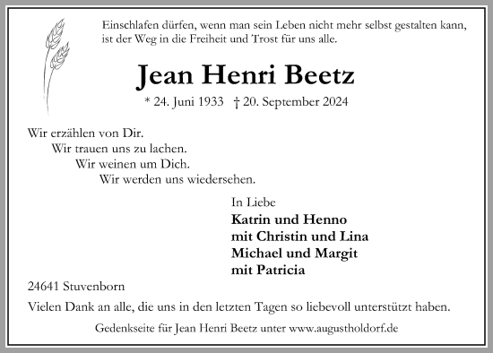 Traueranzeige von Jean Henri Beetz von Kieler Nachrichten