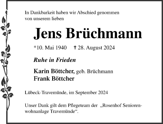 Traueranzeige von Jens Brüchmann von Lübecker Nachrichten