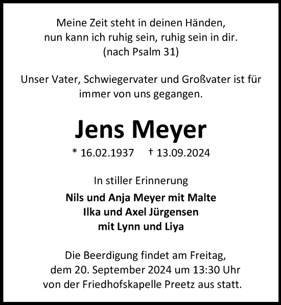 Traueranzeige von Jens Meyer von Kieler Nachrichten