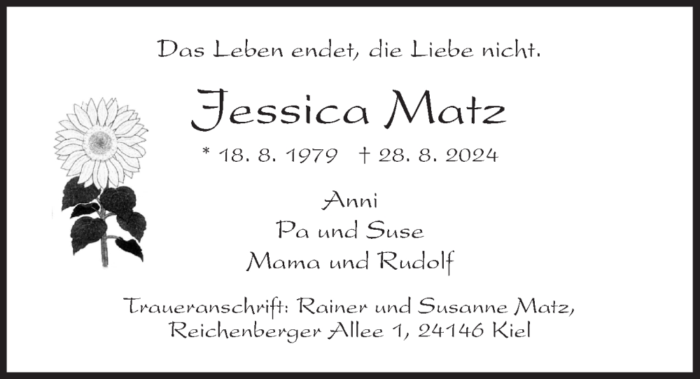  Traueranzeige für Jessica Matz vom 07.09.2024 aus Kieler Nachrichten