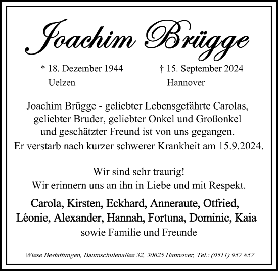 Traueranzeige von Joachim Brügge von Hannoversche Allgemeine Zeitung/Neue Presse