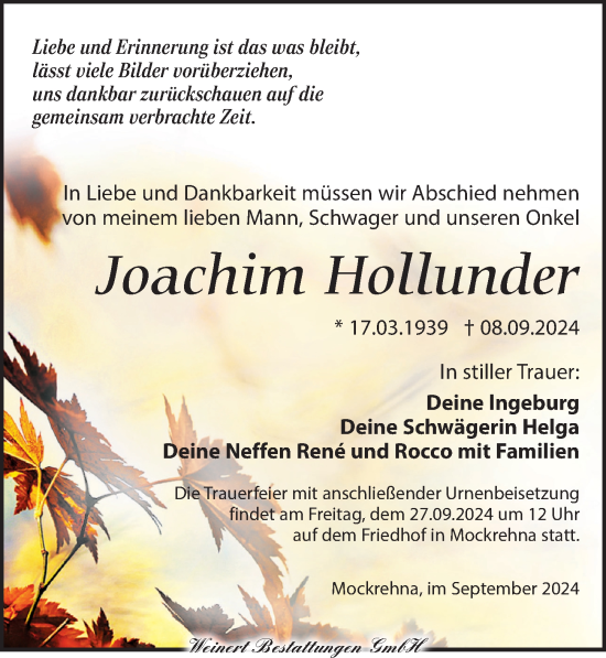 Traueranzeige von Joachim Hollunder von Torgauer Zeitung