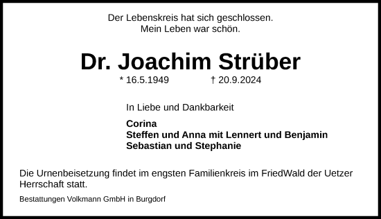 Traueranzeige von Joachim Strüber von Hannoversche Allgemeine Zeitung/Neue Presse