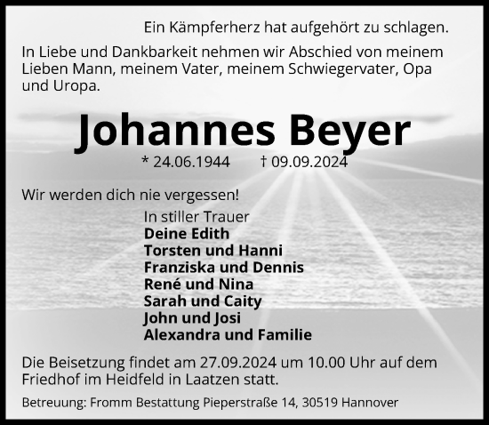 Traueranzeige von Johannes Beyer von Hannoversche Allgemeine Zeitung/Neue Presse