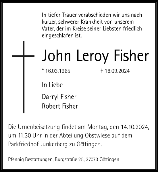 Traueranzeige von John Leroy Fisher von Göttinger Tageblatt