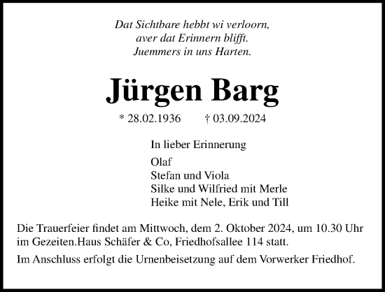 Traueranzeige von Jürgen Barg von Lübecker Nachrichten