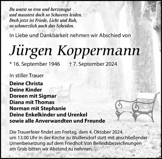 Traueranzeige von Jürgen Koppermann von Wochenspiegel