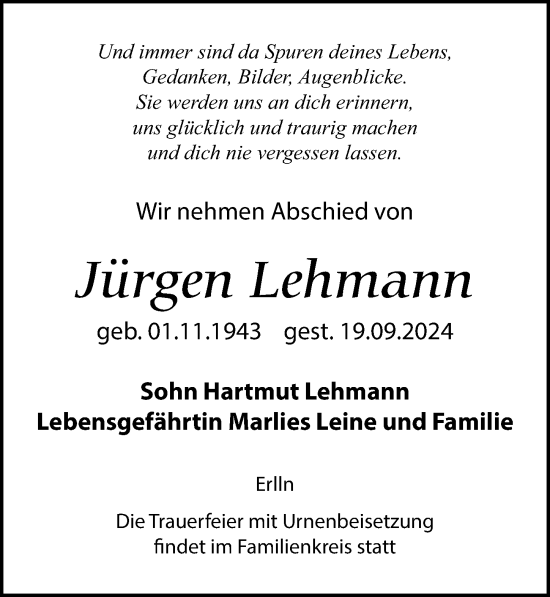 Traueranzeige von Jürgen Lehmann von Leipziger Volkszeitung