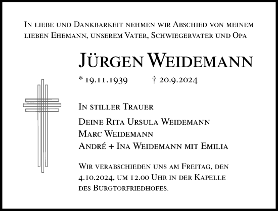 Traueranzeige von Jürgen Weidemann von Lübecker Nachrichten