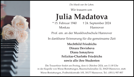 Traueranzeige von Julia Madatova von Hannoversche Allgemeine Zeitung/Neue Presse