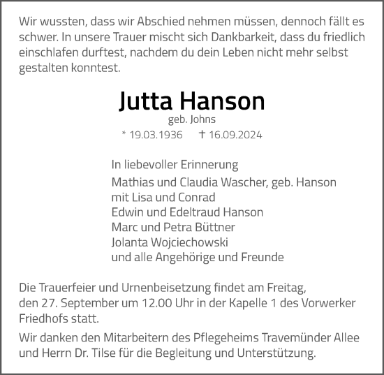 Traueranzeige von Jutta Hanson von Lübecker Nachrichten