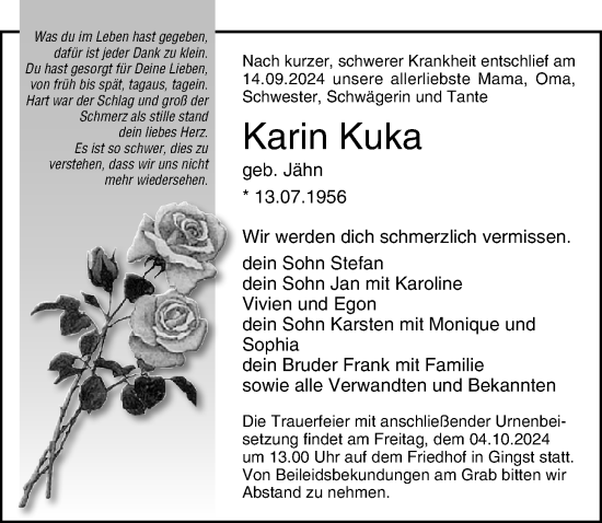 Traueranzeige von Karin Kuka von Ostsee-Zeitung GmbH