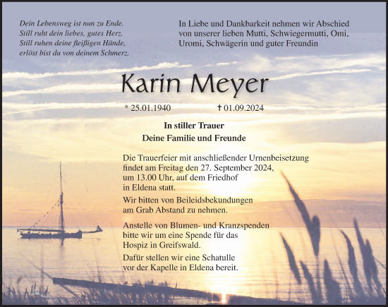 Traueranzeige von Karin Meyer von Ostsee-Zeitung GmbH