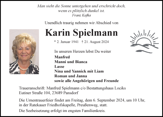 Traueranzeige von Karin Spielmann von Lübecker Nachrichten