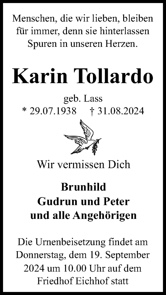 Traueranzeige von Karin Tollardo von Kieler Nachrichten