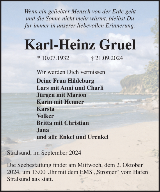 Traueranzeige von Karl-Heinz Gruel von Ostsee-Zeitung GmbH