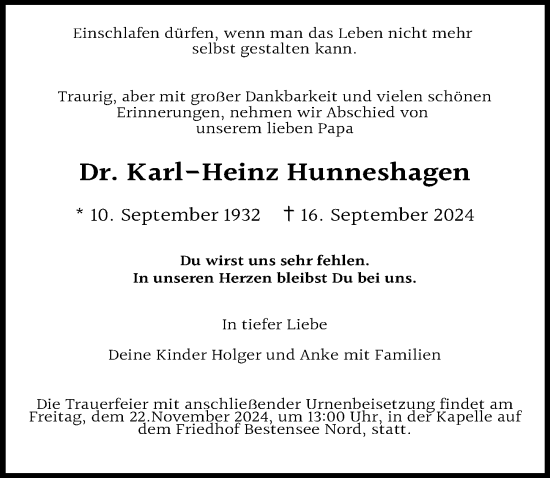 Traueranzeige von Karl-Heinz Hunneshagen von Märkischen Allgemeine Zeitung