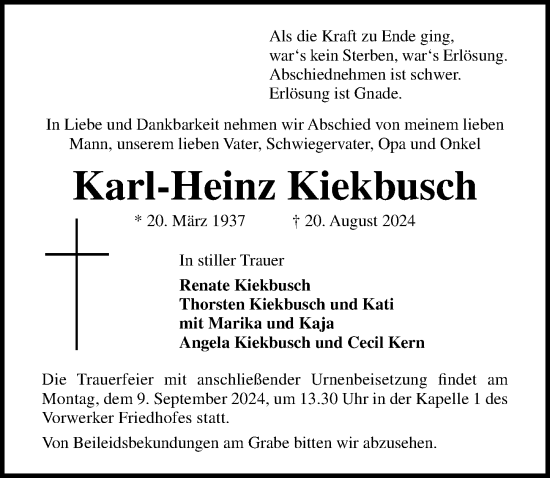 Traueranzeige von Karl-Heinz Kiekbusch von Lübecker Nachrichten