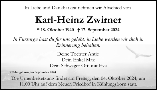 Traueranzeige von Karl-Heinz Zwirner von Ostsee-Zeitung GmbH