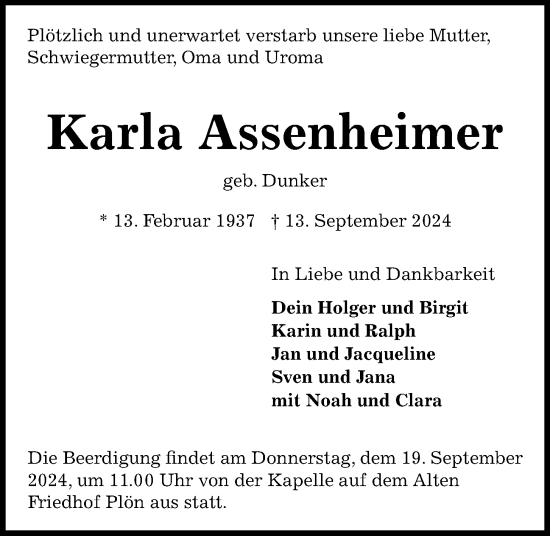 Traueranzeige von Karla Assenheimer von Kieler Nachrichten