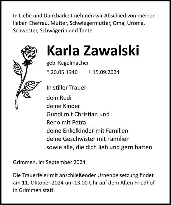 Traueranzeige von Karla Zawalski von Ostsee-Zeitung GmbH