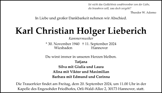 Traueranzeige von Karl Christian Holger Lieberich von Hannoversche Allgemeine Zeitung/Neue Presse