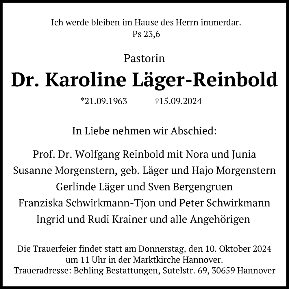  Traueranzeige für Karoline Läger-Reinbold vom 21.09.2024 aus Hannoversche Allgemeine Zeitung/Neue Presse