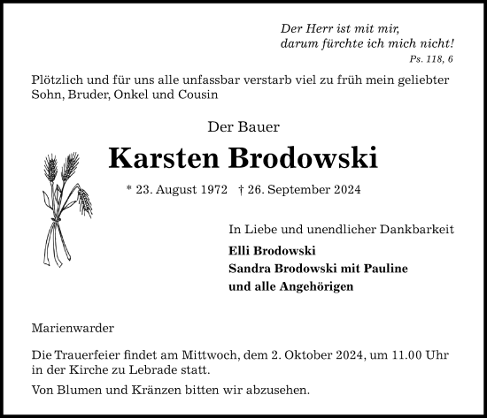 Traueranzeige von Karsten Brodowski von Kieler Nachrichten