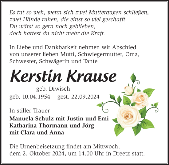 Traueranzeige von Kerstin Krause von Wochenspiegel