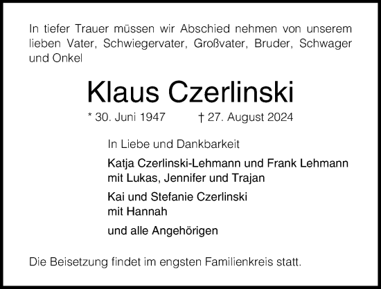 Traueranzeige von Klaus Czerlinski von Lübecker Nachrichten