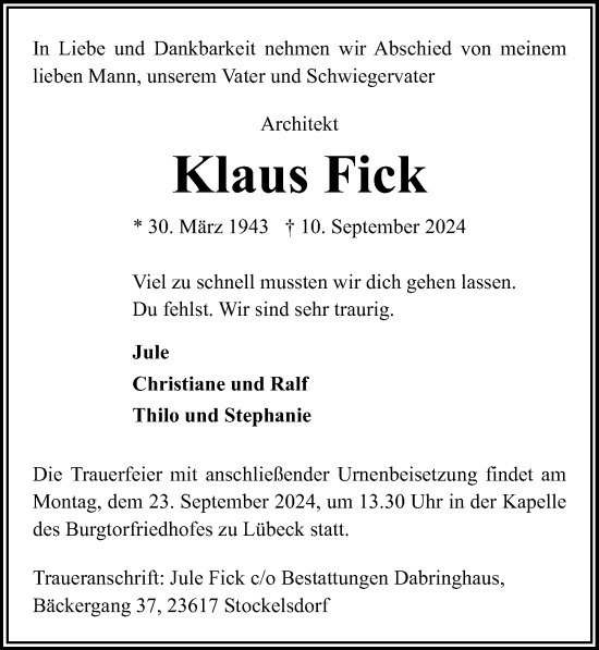 Traueranzeige von Klaus Fick von Lübecker Nachrichten