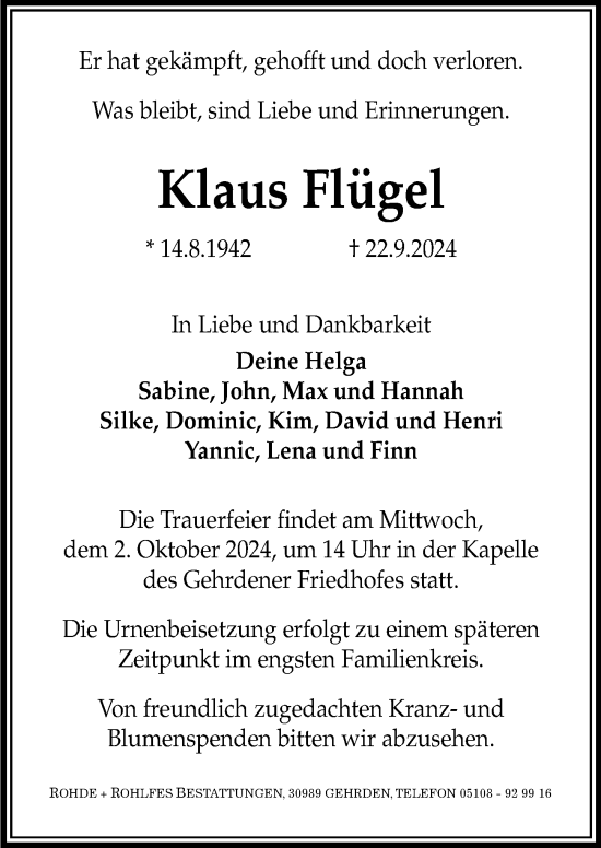 Traueranzeige von Klaus Flügel von Hannoversche Allgemeine Zeitung/Neue Presse