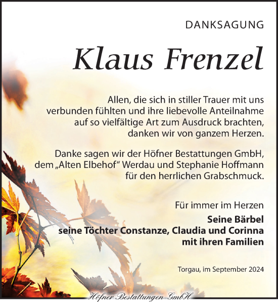 Traueranzeige von Klaus Frenzel von Torgauer Zeitung