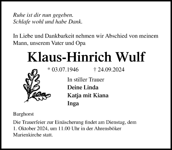 Traueranzeige von Klaus-Hinrich Wulf von Lübecker Nachrichten