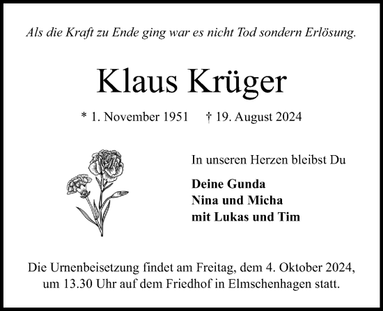 Traueranzeige von Klaus Krüger von Kieler Nachrichten