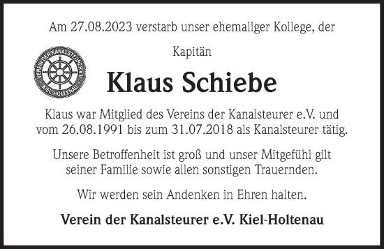 Traueranzeige von Klaus Schiebe von Kieler Nachrichten