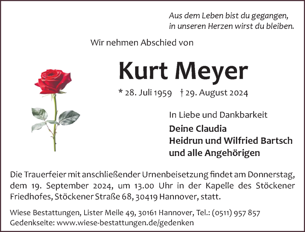  Traueranzeige für Kurt Meyer vom 14.09.2024 aus Hannoversche Allgemeine Zeitung/Neue Presse